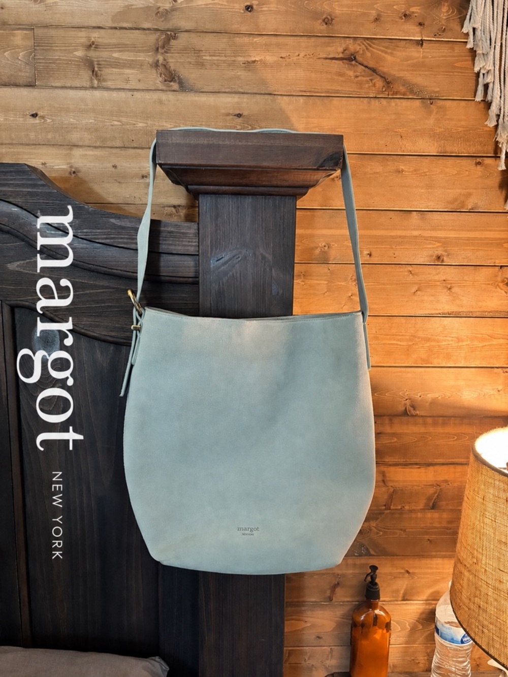 Margot New York Kaye Bucket Tote Bag Purse, Suede, Genuine Leather, Light Blue